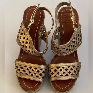Tory Burch Platform Metallic Sandal Wedges, Size 6.5